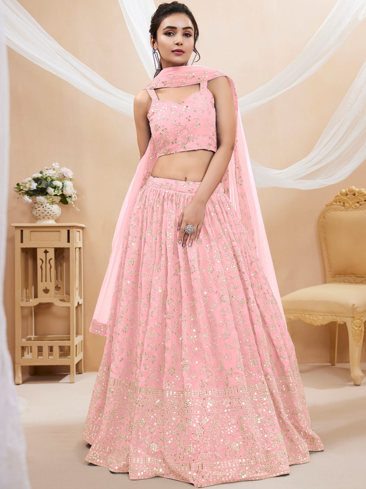 Dazzling Pink Sequins Georgette Bridesmaid Plus Size Lehenga Choli