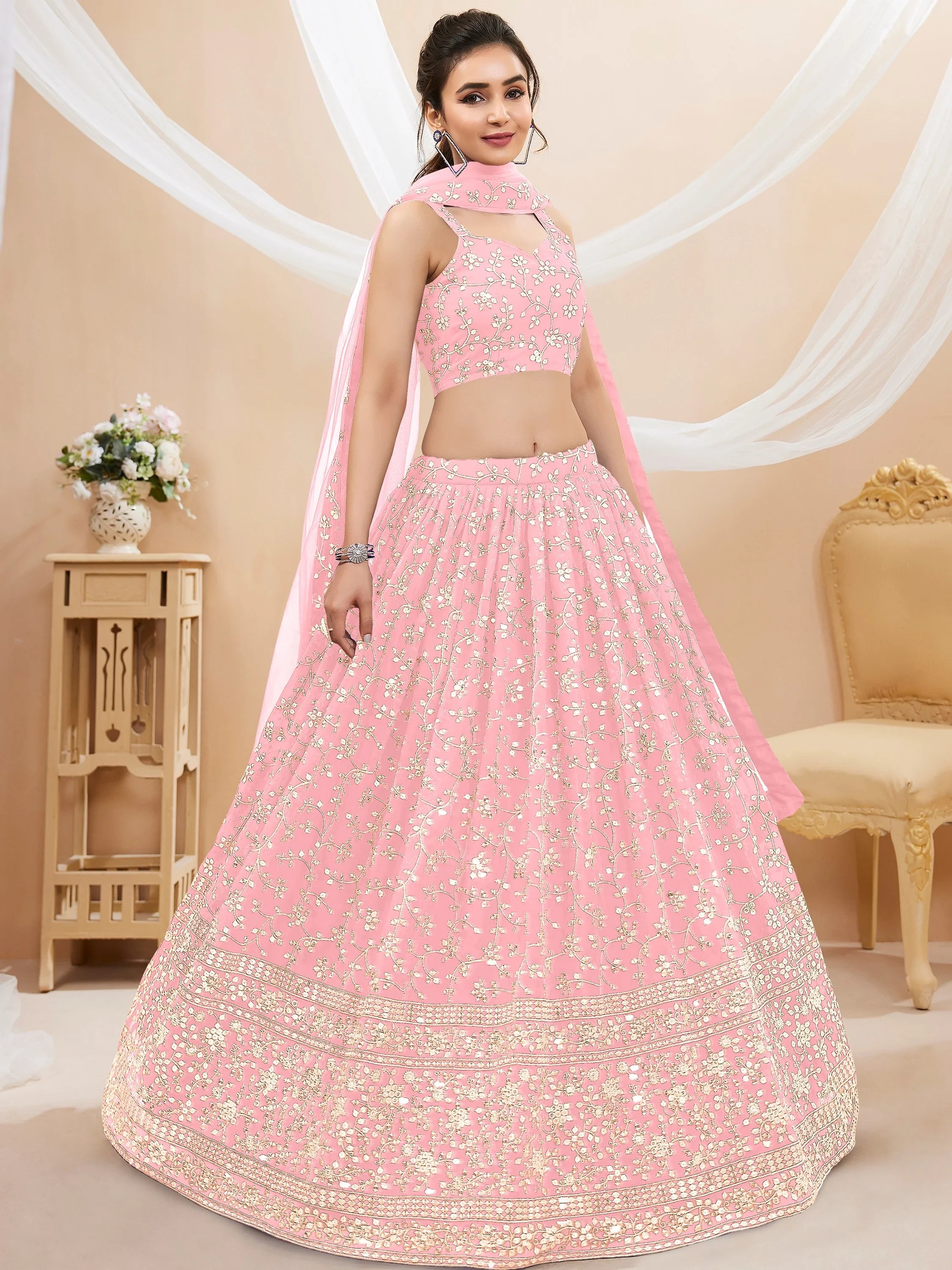 Dazzling Pink Sequins Georgette Bridesmaid Plus Size Lehenga Choli