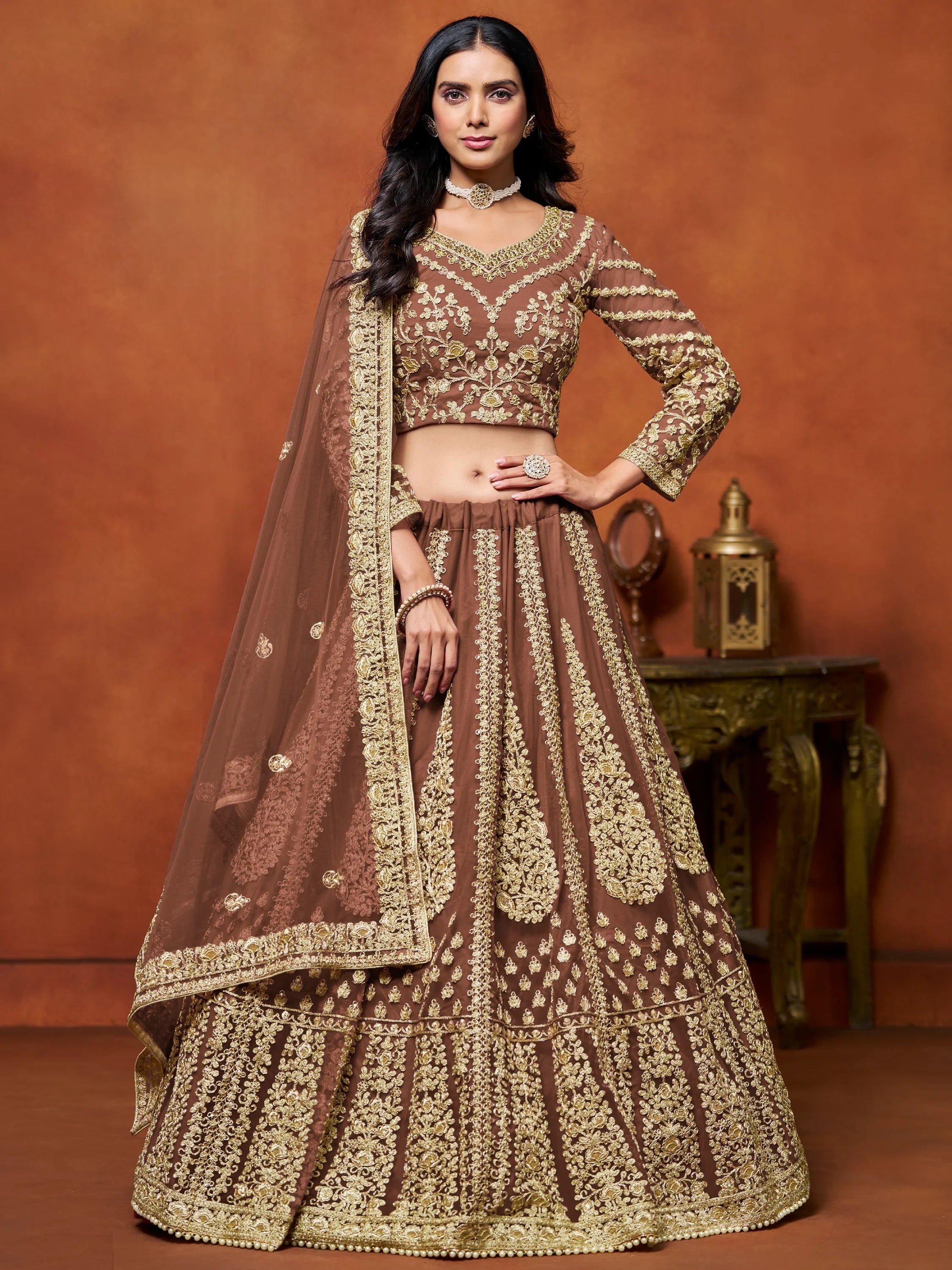 Awesome Brown Zari Embroidered Net Bridesmaid Lehenga Choli
