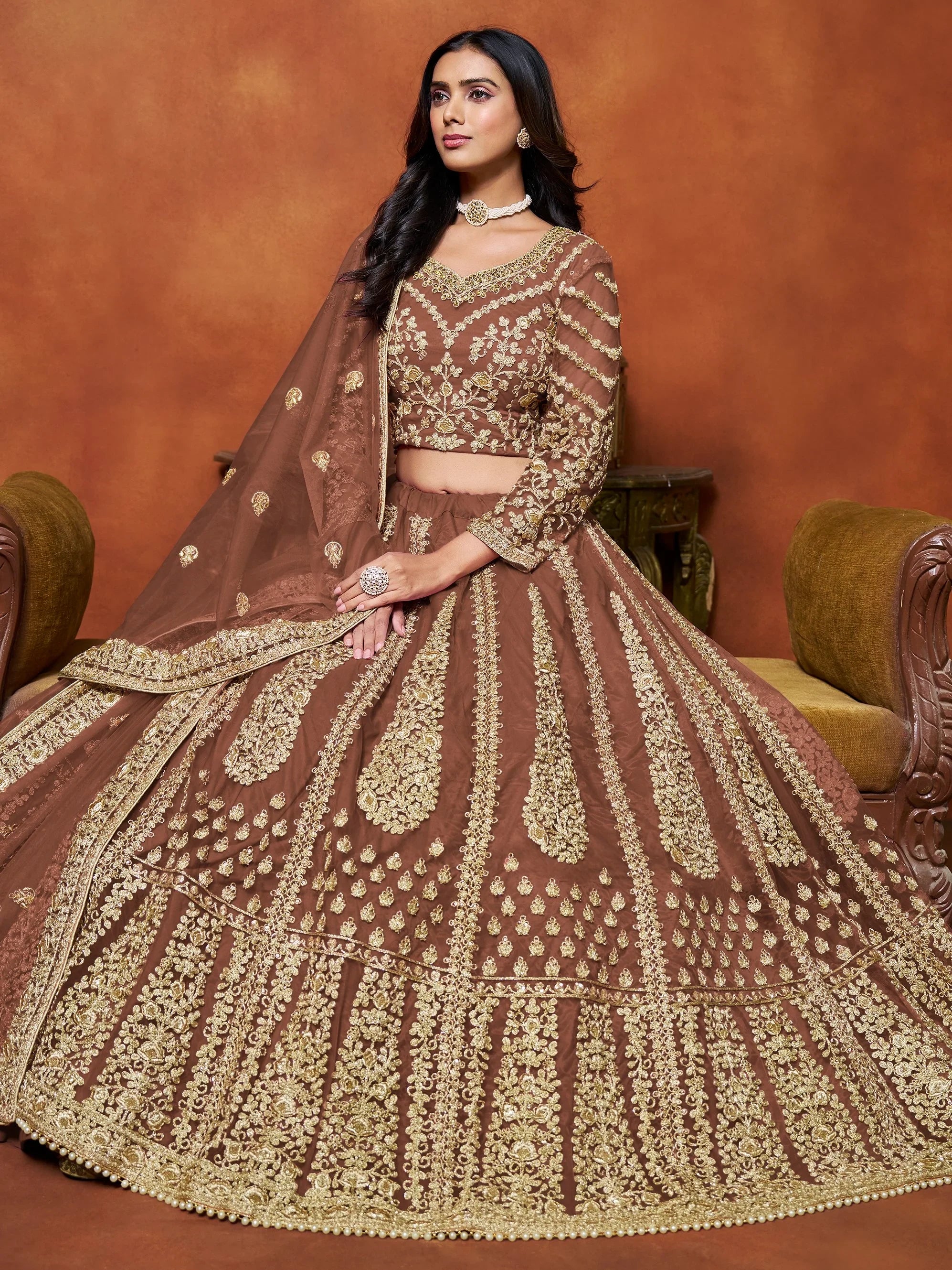 Awesome Brown Zari Embroidered Net Bridesmaid Lehenga Choli