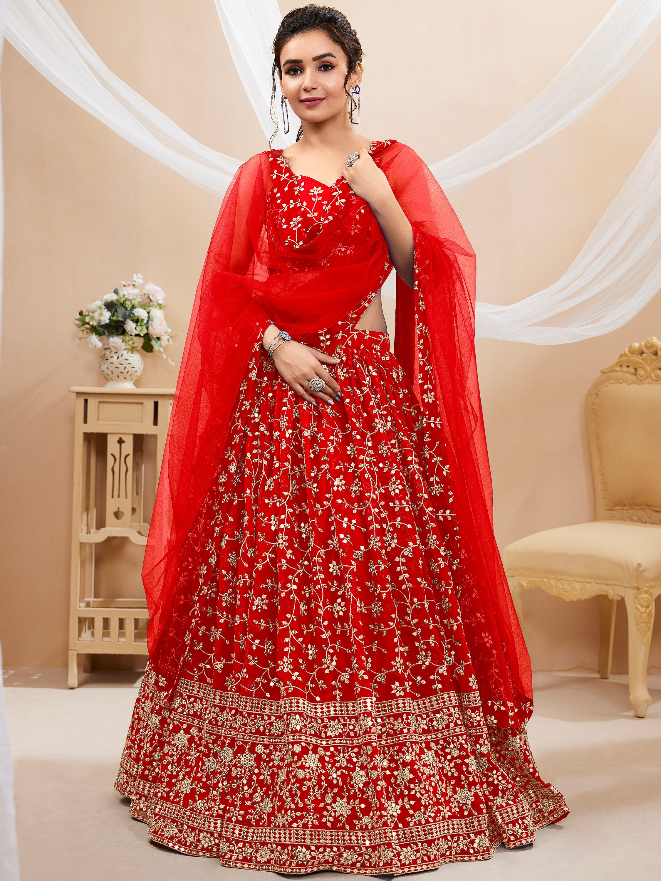 Stunning Red Sequins Georgette Sangeet Wear Plus Size Lehenga Choli