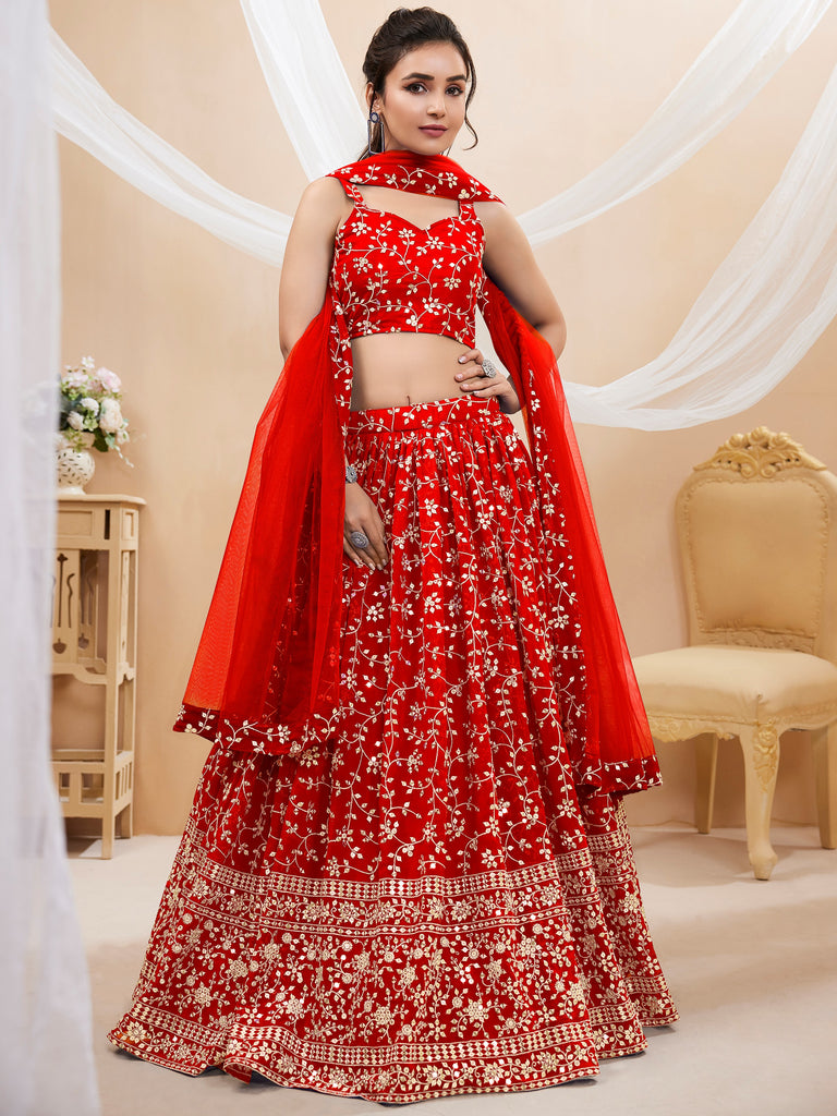 Stunning Red Sequins Georgette Sangeet Wear Plus Size Lehenga Choli