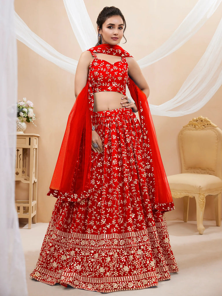 Attractive Red Embroidered Georgette Wedding Wear Lehenga Choli
