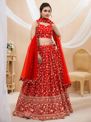 Attractive Red Embroidered Georgette Wedding Wear Lehenga Choli