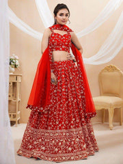 Attractive Red Embroidered Georgette Wedding Wear Lehenga Choli