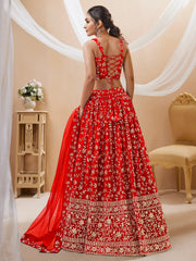 Attractive Red Embroidered Georgette Wedding Wear Lehenga Choli