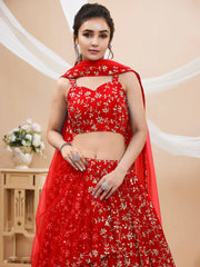 Attractive Red Embroidered Georgette Wedding Wear Lehenga Choli