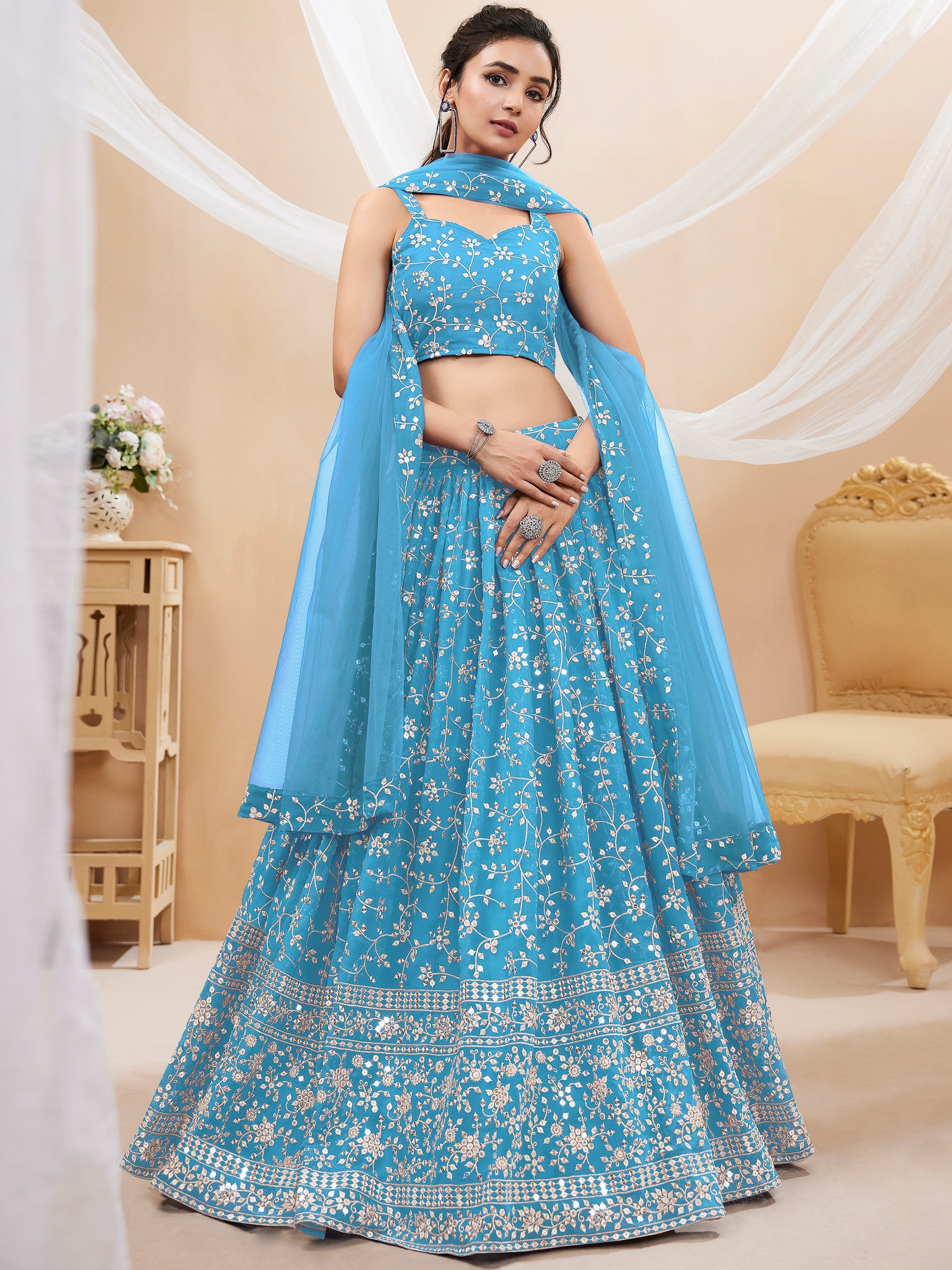 Graceful Blue Sequins Georgette Function Wear Plus Size Lehenga Choli