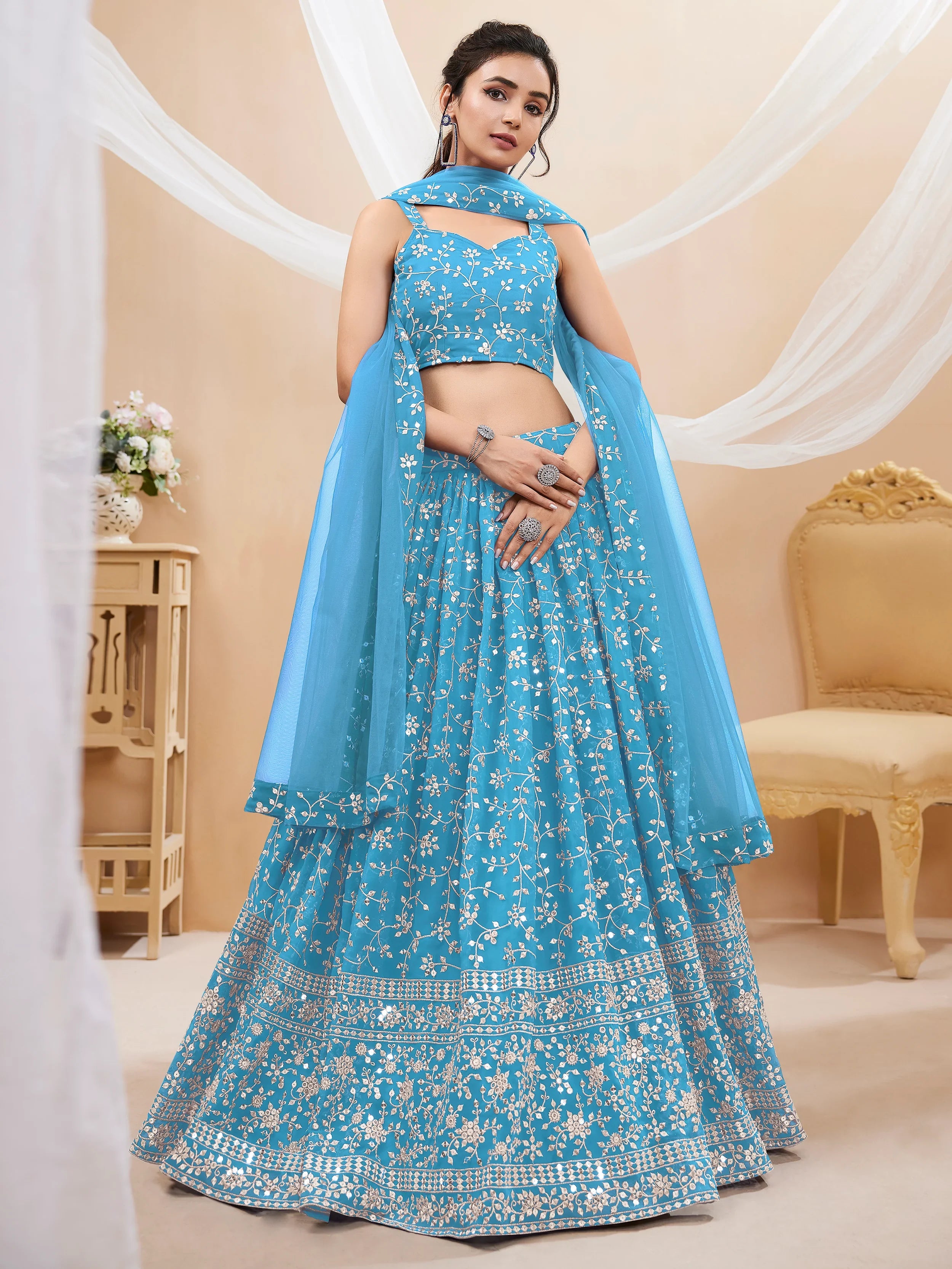 Gorgeous Sky Blue Embroidered Georgette Reception Wear Lehenga Choli