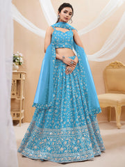 Gorgeous Sky Blue Embroidered Georgette Reception Wear Lehenga Choli