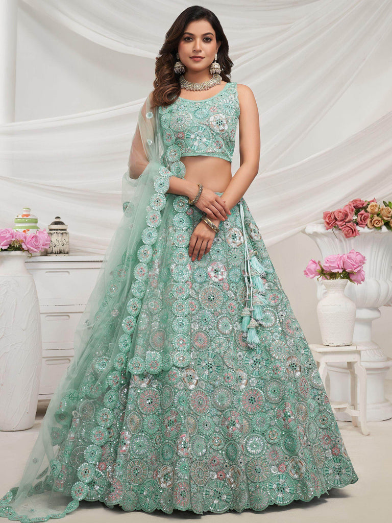 Phenomenal Sky Blue Embroidered Net Engagement Wear Lehenga Choli