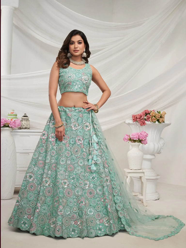 Phenomenal Sky Blue Embroidered Net Engagement Wear Lehenga Choli