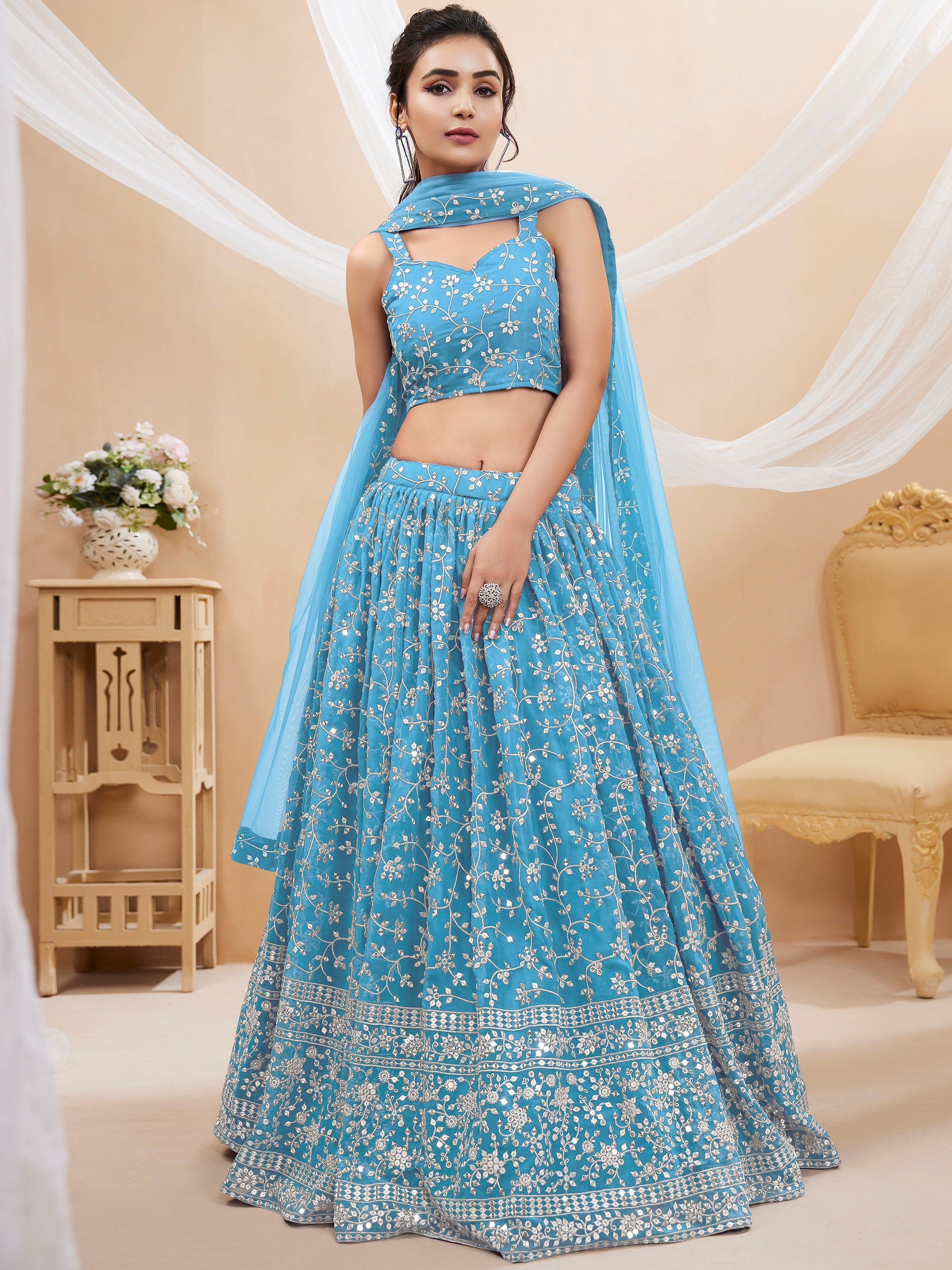 Graceful Blue Sequins Georgette Function Wear Plus Size Lehenga Choli