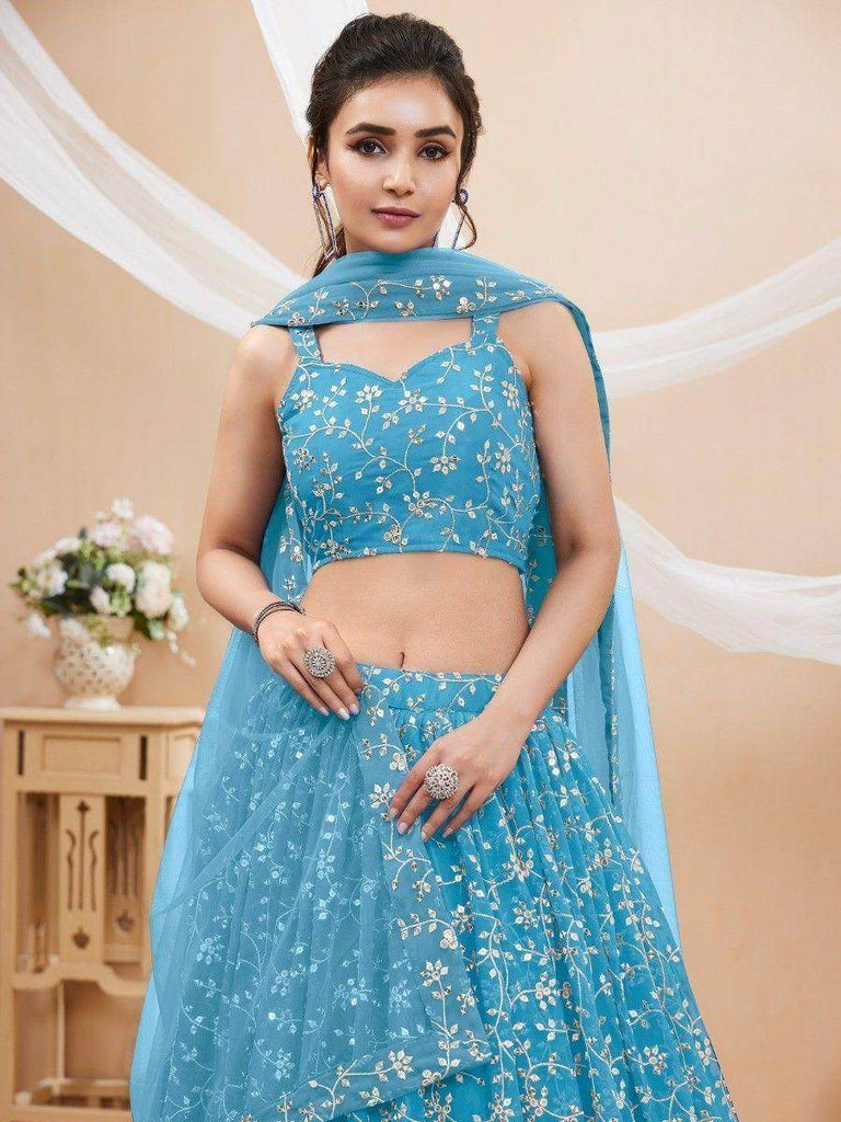 Gorgeous Sky Blue Embroidered Georgette Reception Wear Lehenga Choli