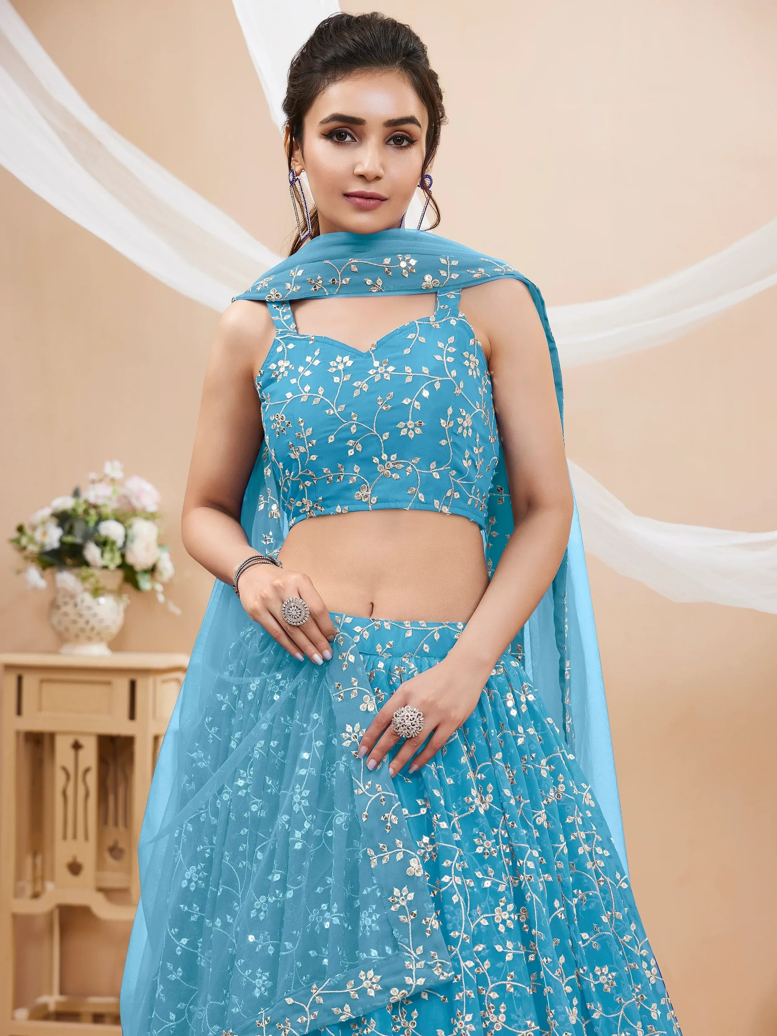 Gorgeous Sky Blue Embroidered Georgette Reception Wear Lehenga Choli