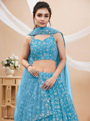 Gorgeous Sky Blue Embroidered Georgette Reception Wear Lehenga Choli