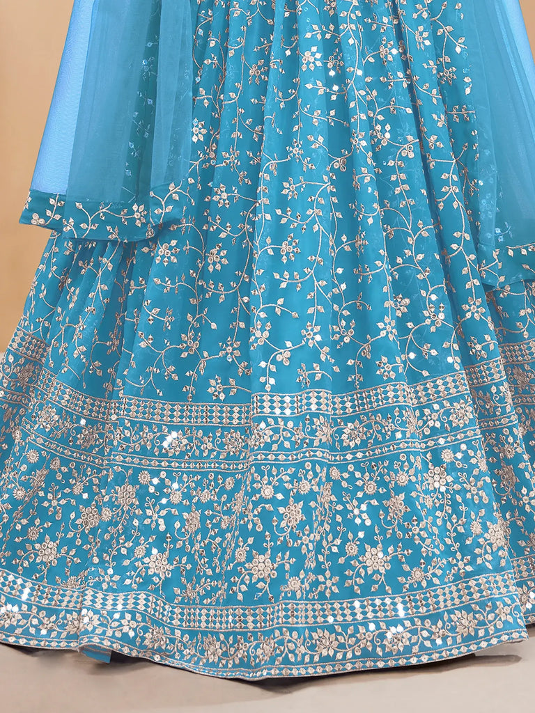 Gorgeous Sky Blue Embroidered Georgette Reception Wear Lehenga Choli