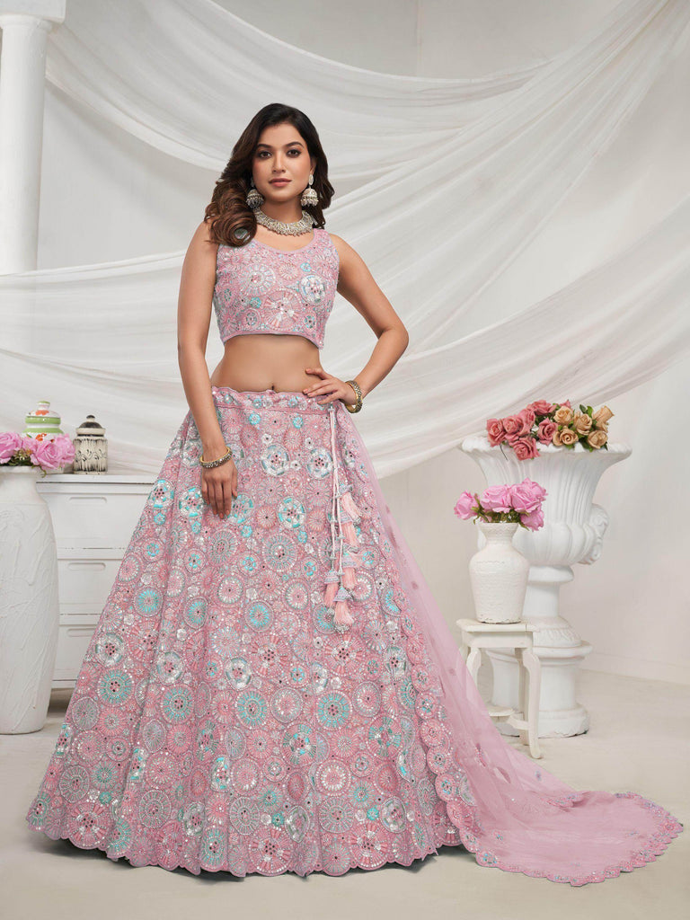 Unique Mauve Embroidered Net Monochrome Lehenga Choli With Dupatta