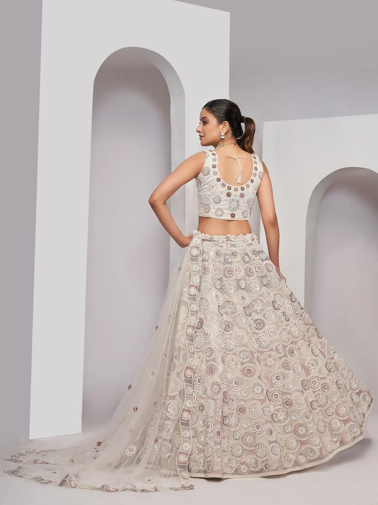 Impressive Ivory Embroidered Net Designer Lehenga Choli With Dupatta
