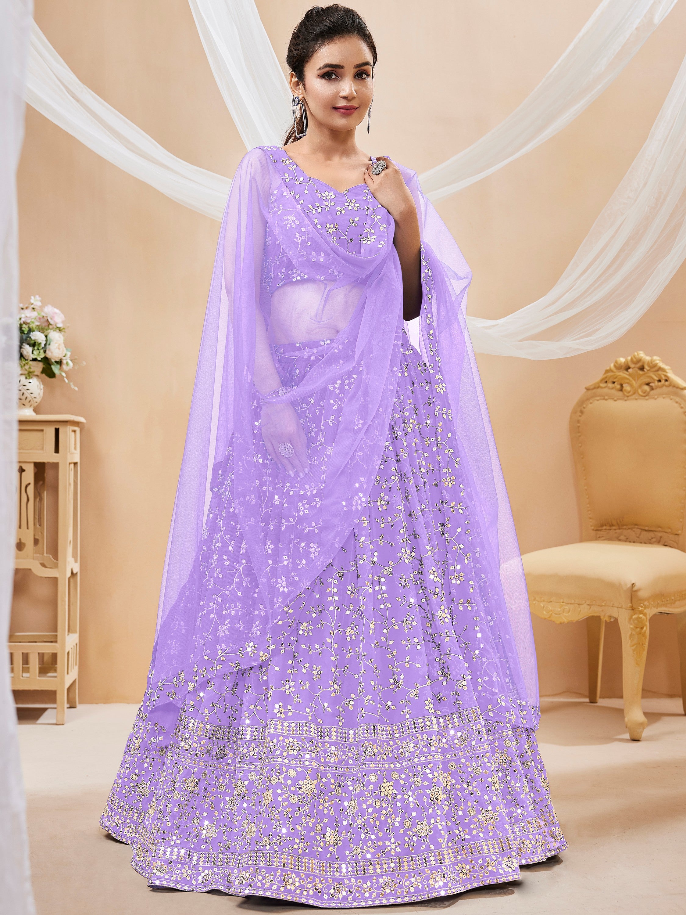 Awesome Purple Sequins Georgette Festival Wear Plus Size Lehenga Choli