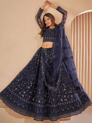 Breathtaking Navy Blue Thread Embroidered Net Wedding Wear Lehenga Choli