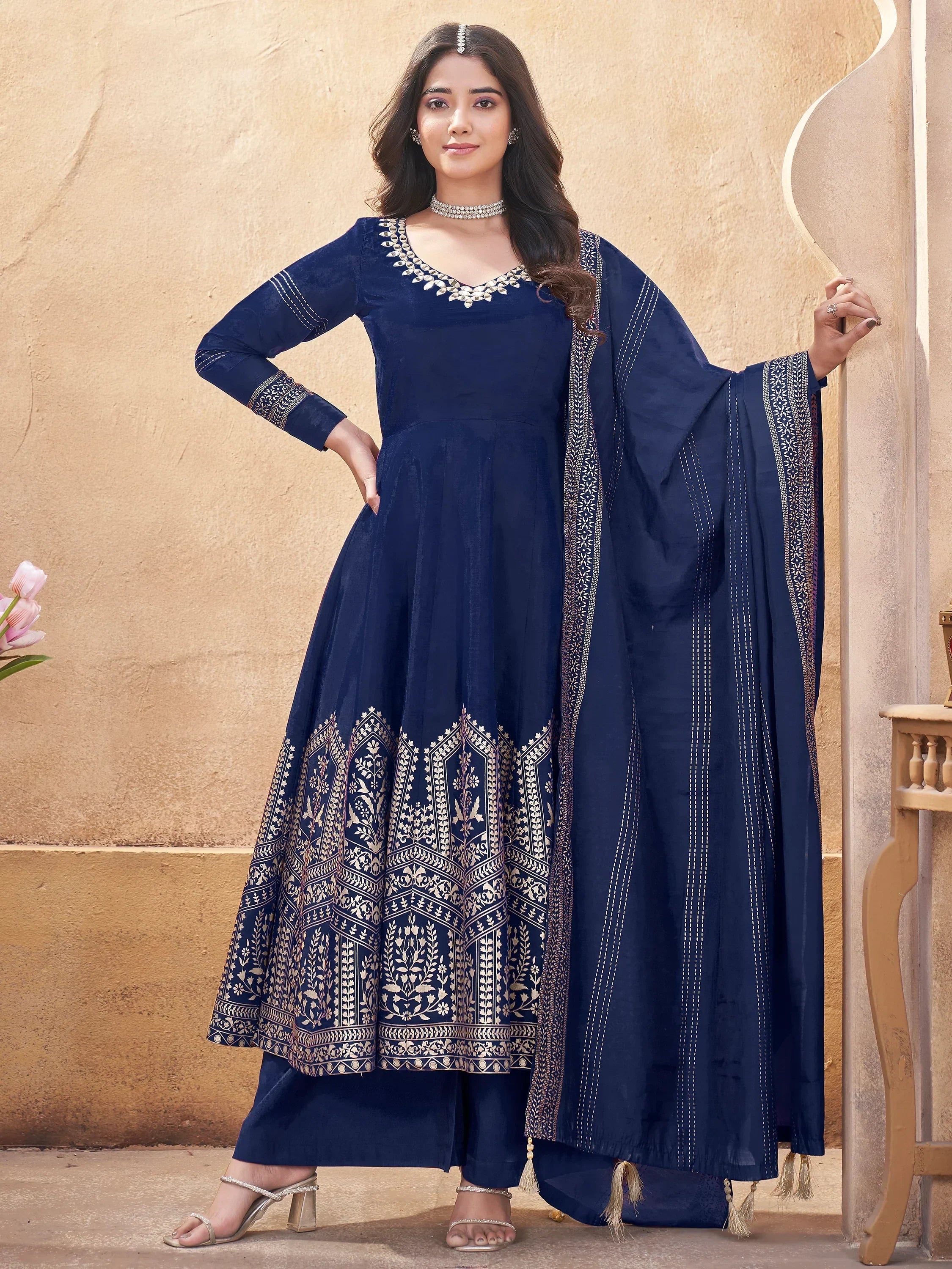 Enchanting Navy Blue Foil Printed Silk Event Wear Anarkali Suit Palazzo