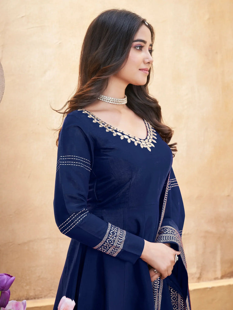 Enchanting Navy Blue Foil Printed Silk Event Wear Anarkali Suit Palazzo