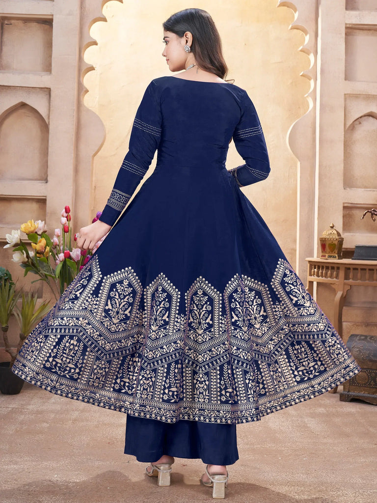 Enchanting Navy Blue Foil Printed Silk Event Wear Anarkali Suit Palazzo