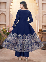 Enchanting Navy Blue Foil Printed Silk Event Wear Anarkali Suit Palazzo