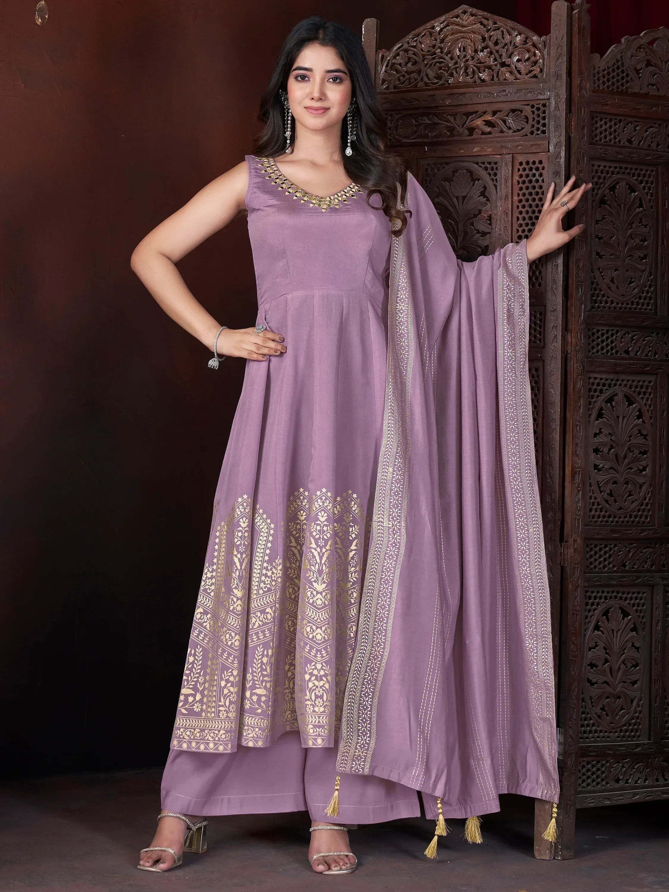 Lavender ethnic anarkali suit with gold embroidery, palazzo pants, and dupatta for Indian occasions