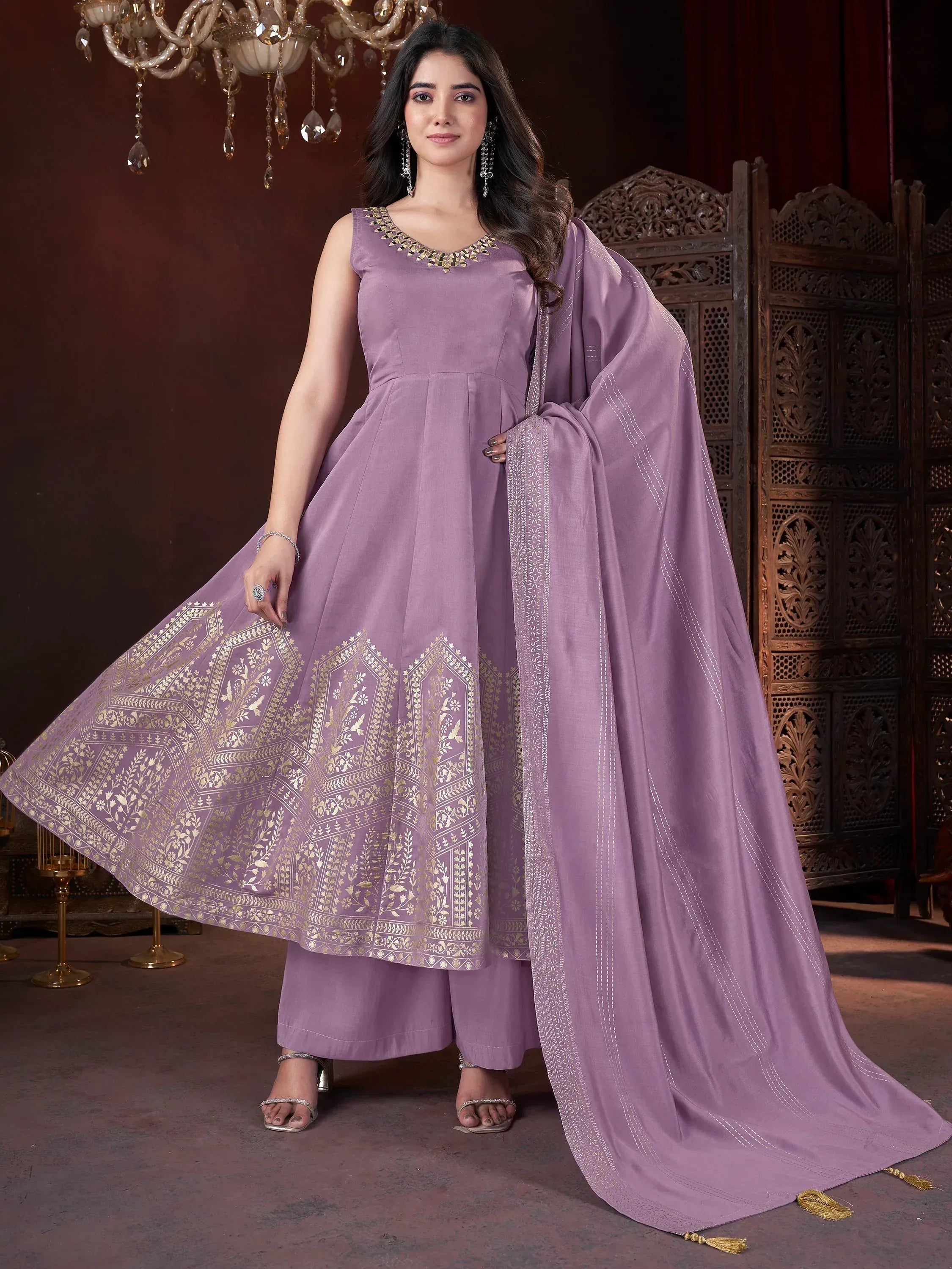 Lavender ethnic anarkali suit with gold embroidery, palazzo pants, and dupatta for women