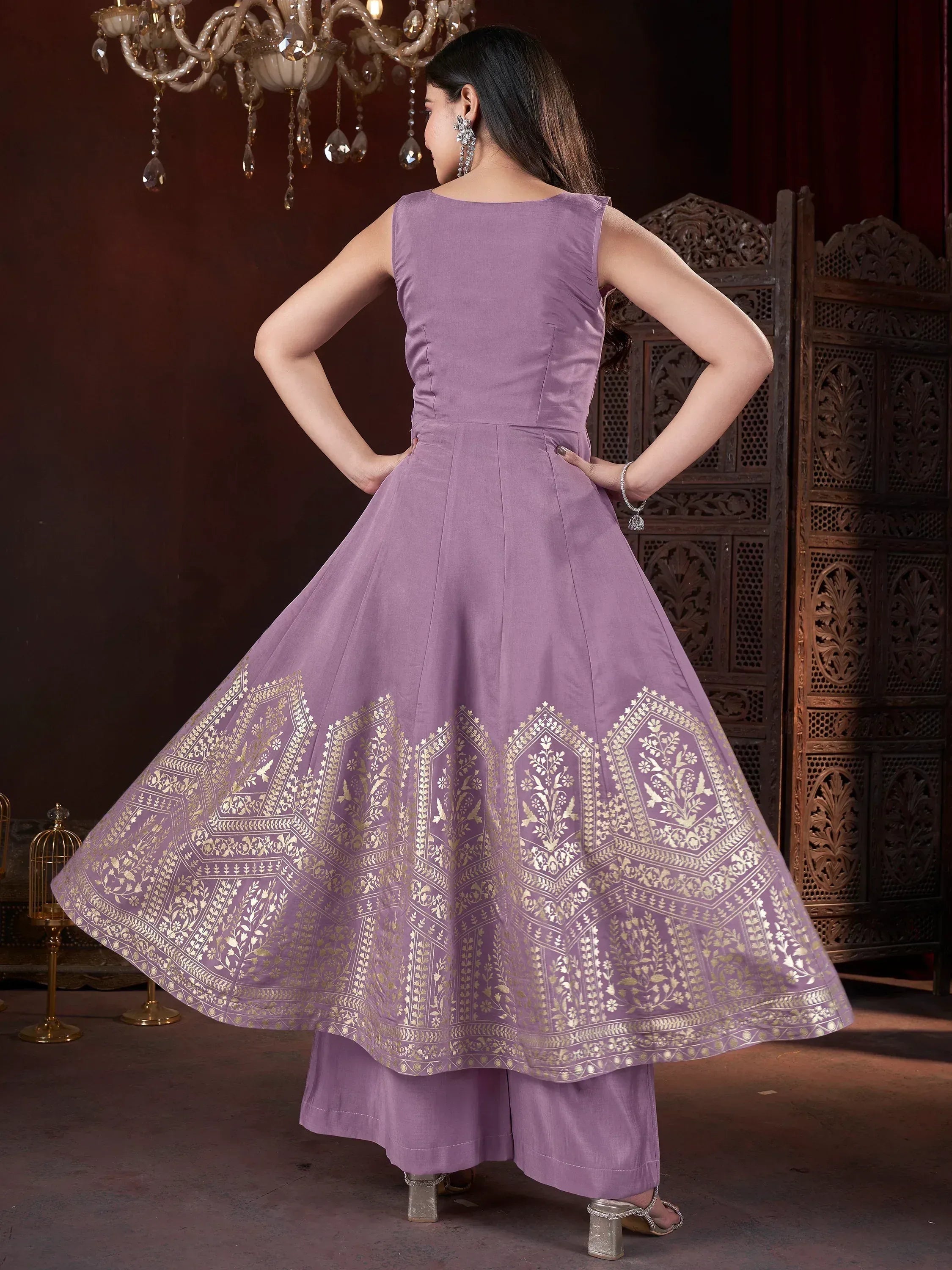 Purple ethnic gown with gold floral print, paired with palazzo pants, perfect for Indian occasions.