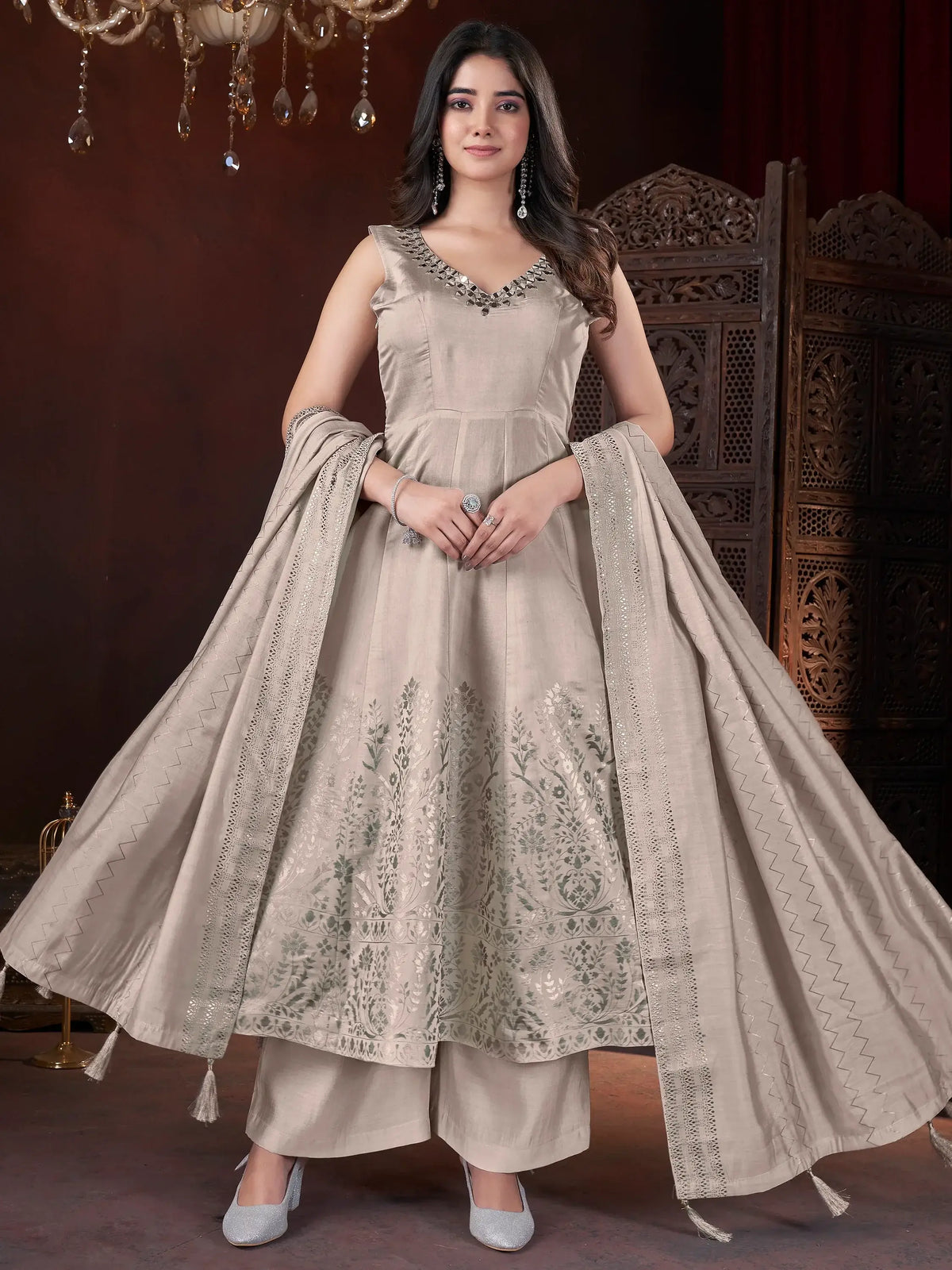 Fascinating Beige Foil Printed Silk Festival Wear Palazzo Suit With Dupatta
