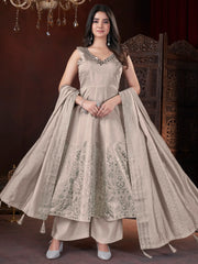 Fascinating Beige Foil Printed Silk Festival Wear Palazzo Suit With Dupatta