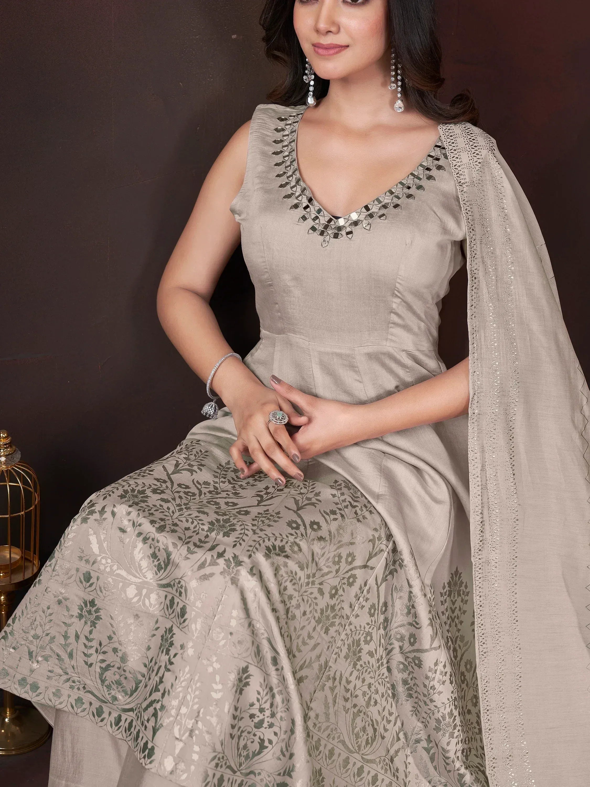 Beige floral print ethnic gown with mirror work neckline and dupatta, perfect for Indian occasions