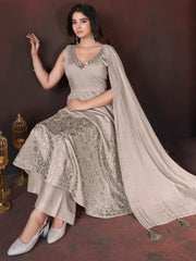 Fascinating Beige Foil Printed Silk Festival Wear Palazzo Suit With Dupatta