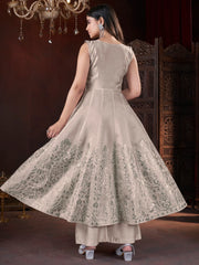 Fascinating Beige Foil Printed Silk Festival Wear Palazzo Suit With Dupatta