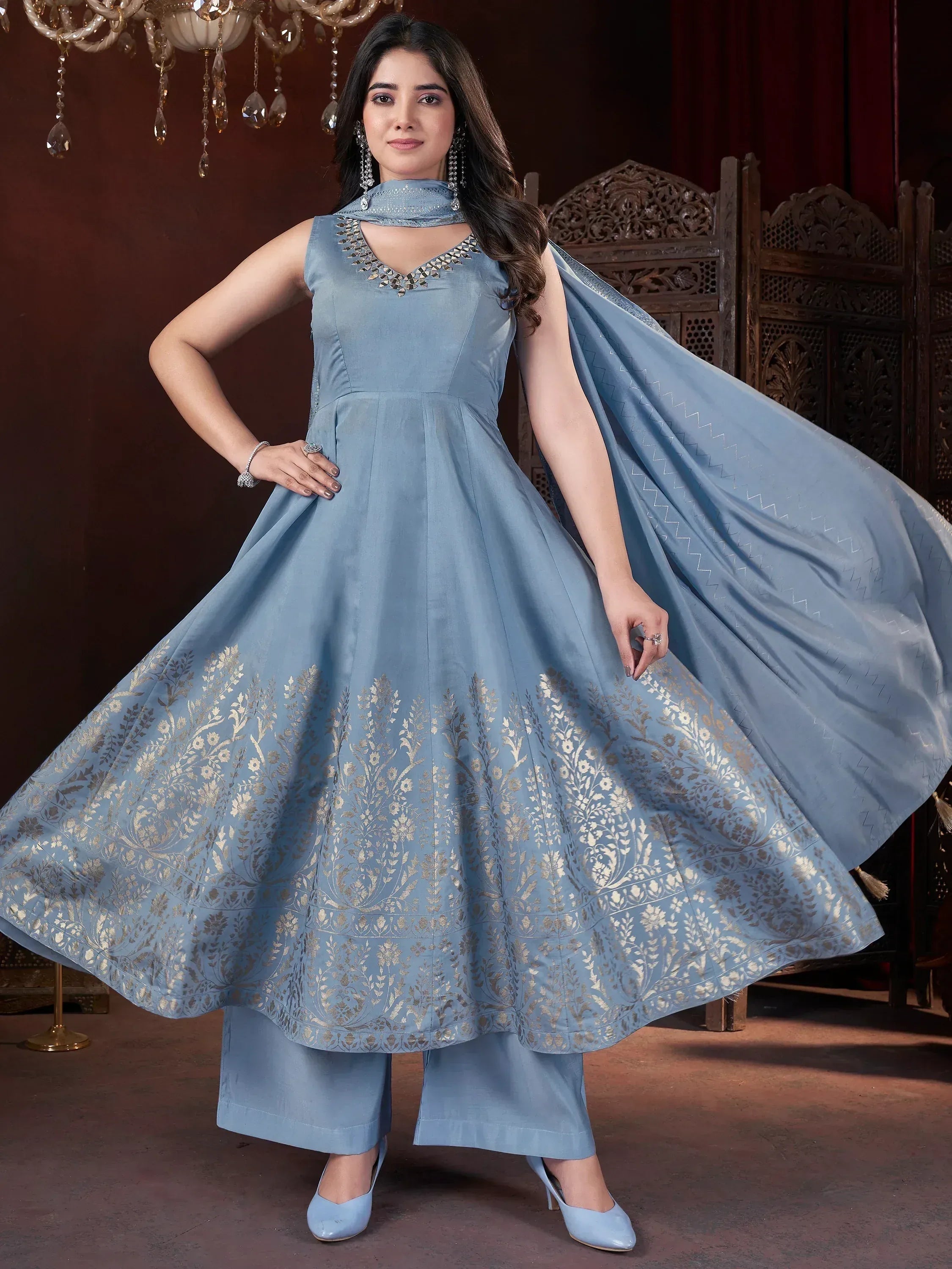Light blue designer anarkali suit with gold floral print, matching dupatta, and palazzo pants for ethnic wear