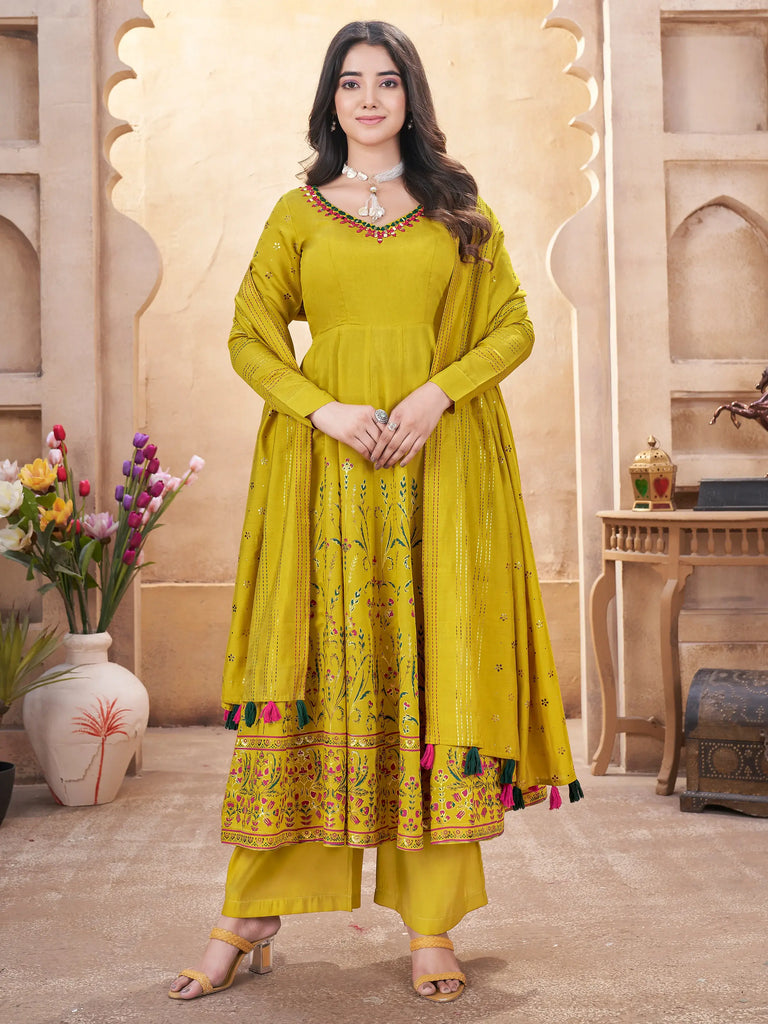 Attractive Mustard Yellow Foil Printed Silk Festival Wear Anarkali Suit