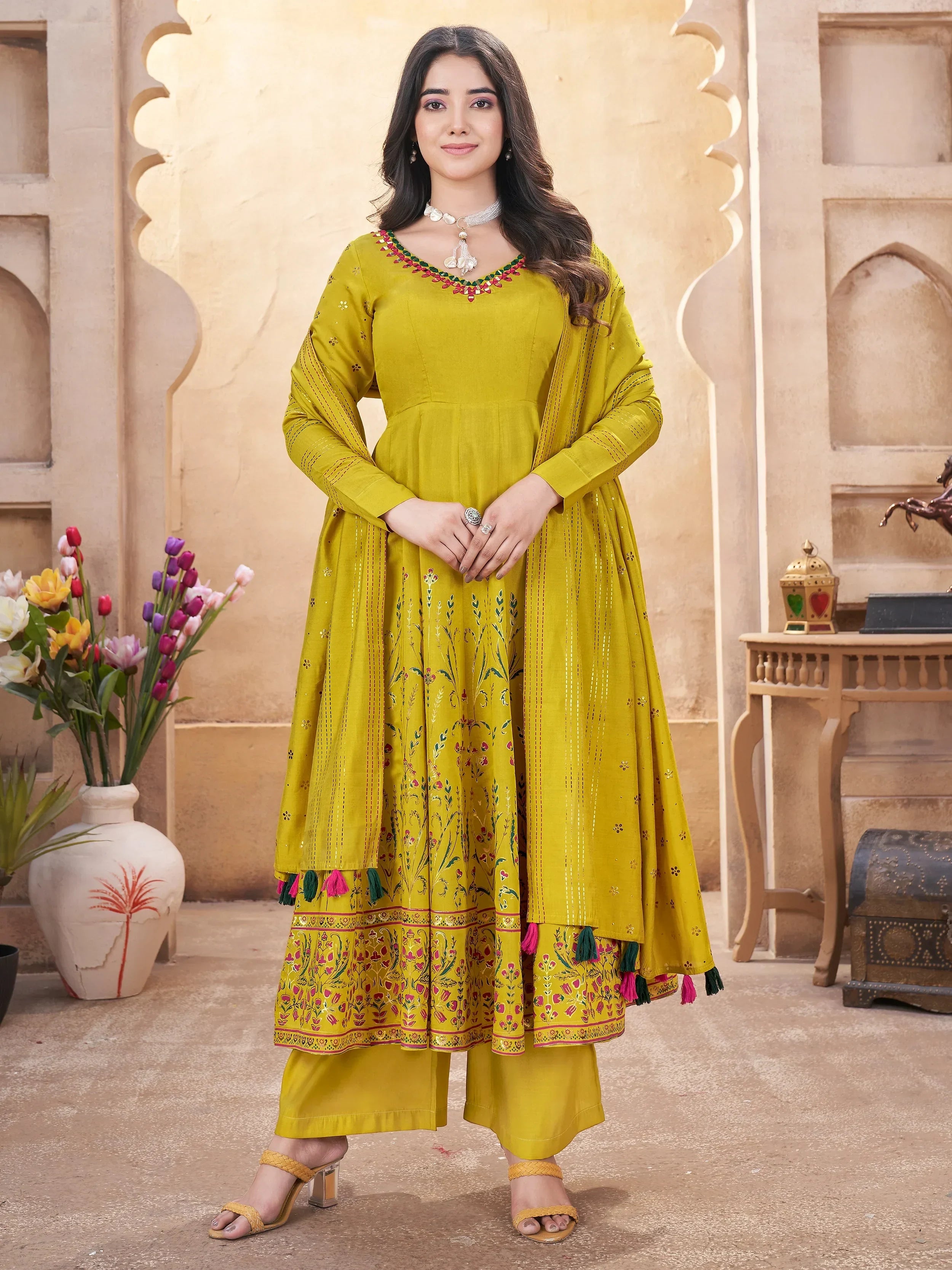 Attractive Mustard Yellow Foil Printed Silk Festival Wear Anarkali Suit