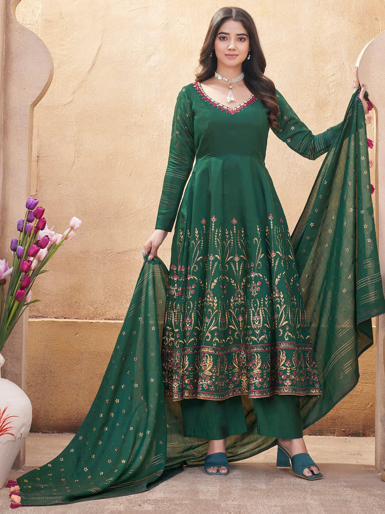 Stunning Green Foil Printed Silk Traditional Anarkali Suit With Dupatta