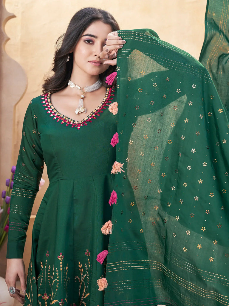 Stunning Green Foil Printed Silk Traditional Anarkali Suit With Dupatta
