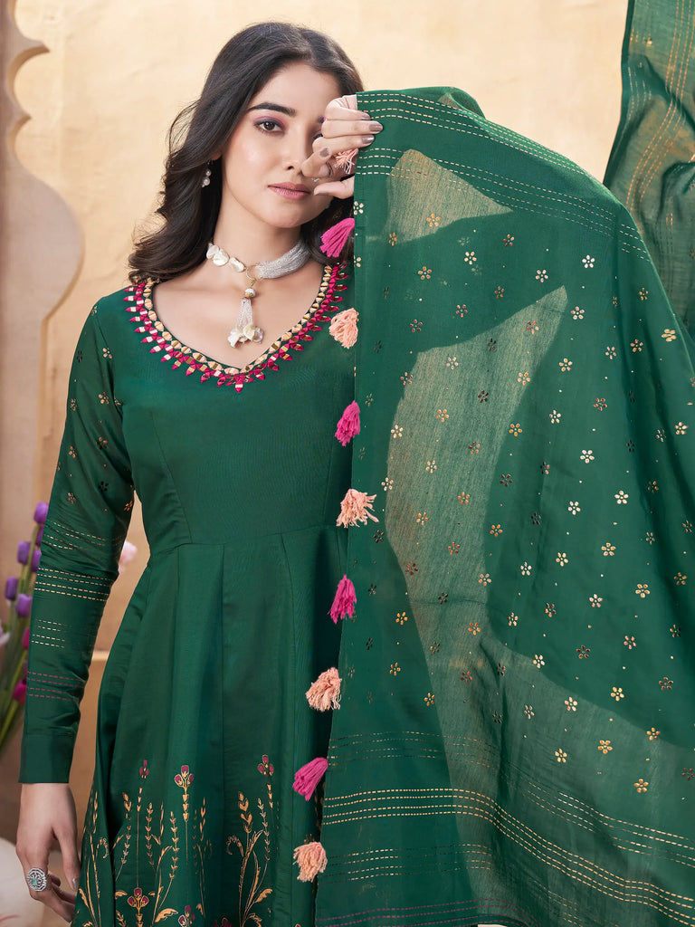 Stunning Green Foil Printed Silk Traditional Anarkali Suit With Dupatta