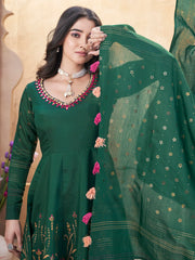 Stunning Green Foil Printed Silk Traditional Anarkali Suit With Dupatta