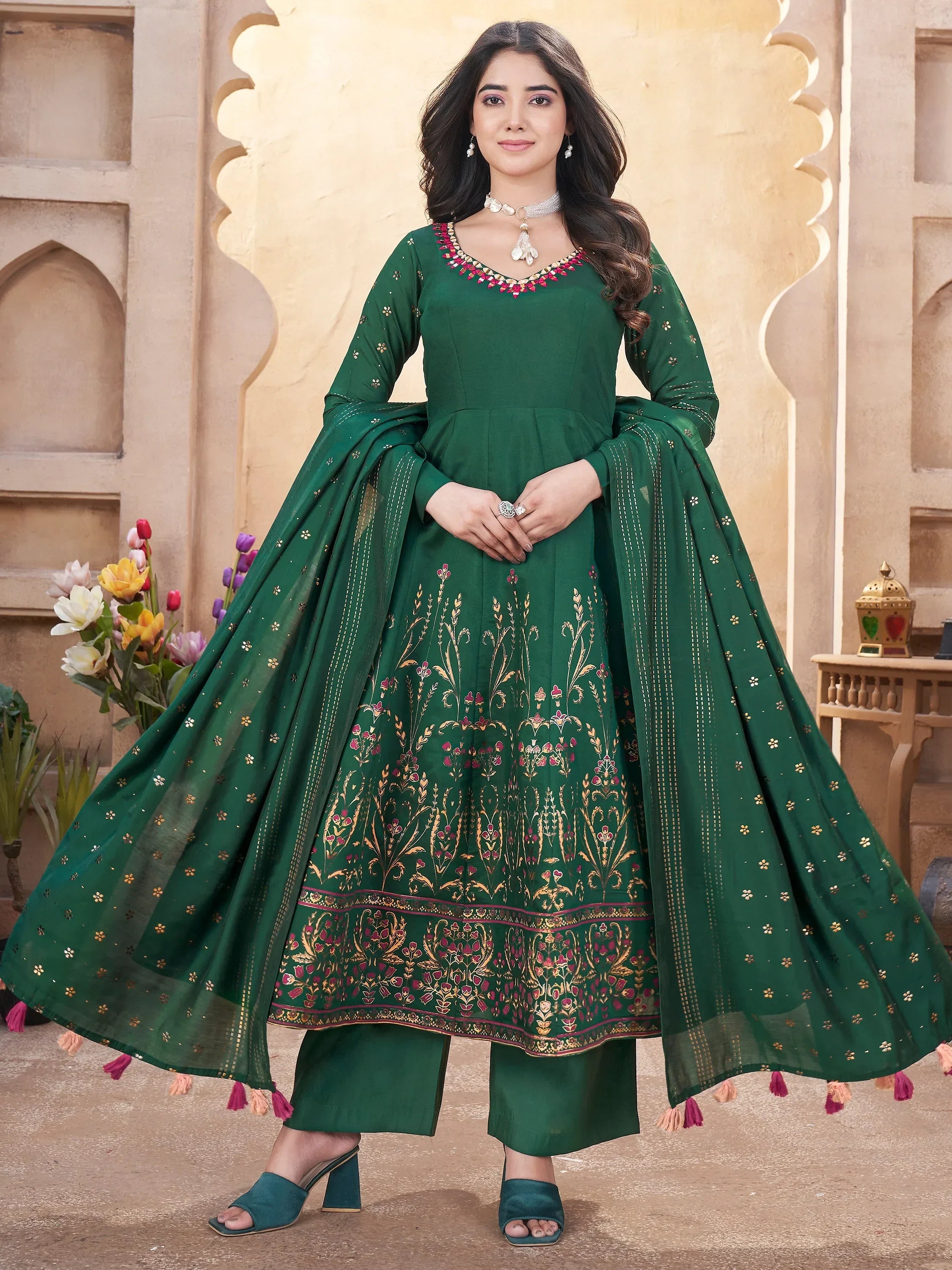 Stunning Green Foil Printed Silk Traditional Anarkali Suit With Dupatta