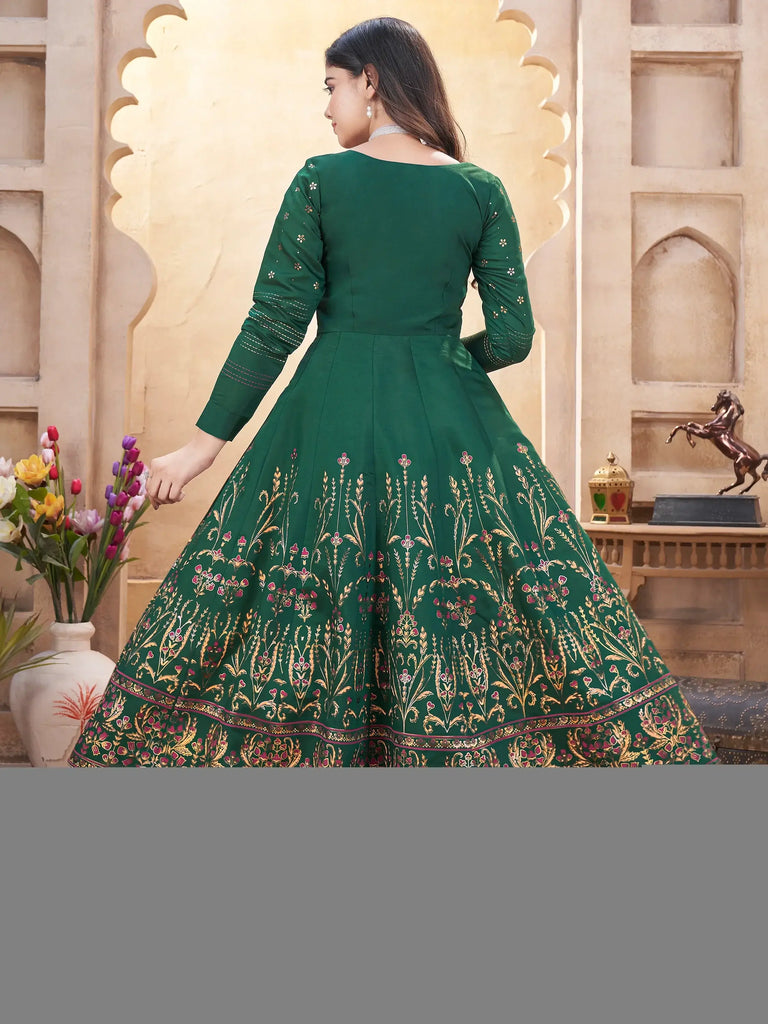 Stunning Green Foil Printed Silk Traditional Anarkali Suit With Dupatta