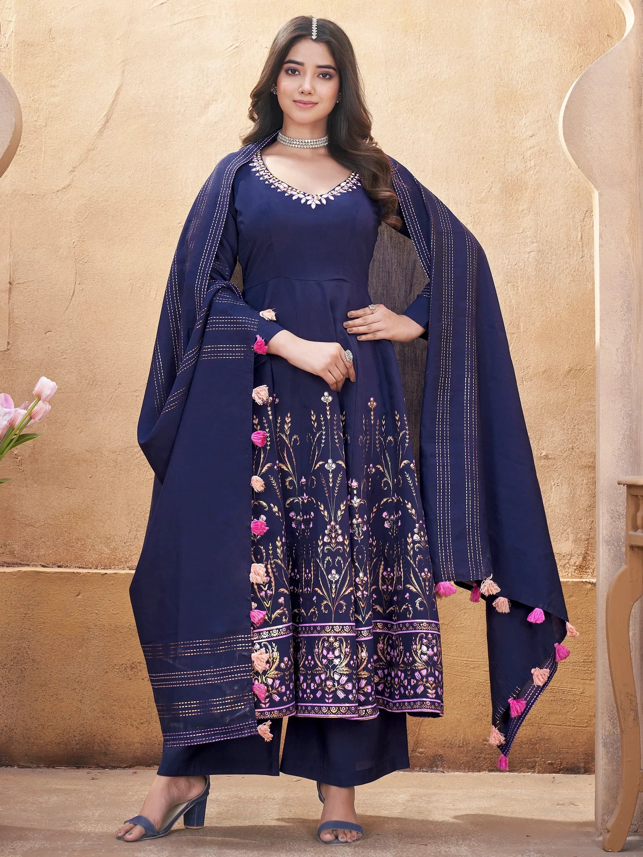 Enchanting Navy Blue Foil Printed Silk Event Wear Anarkali Suit