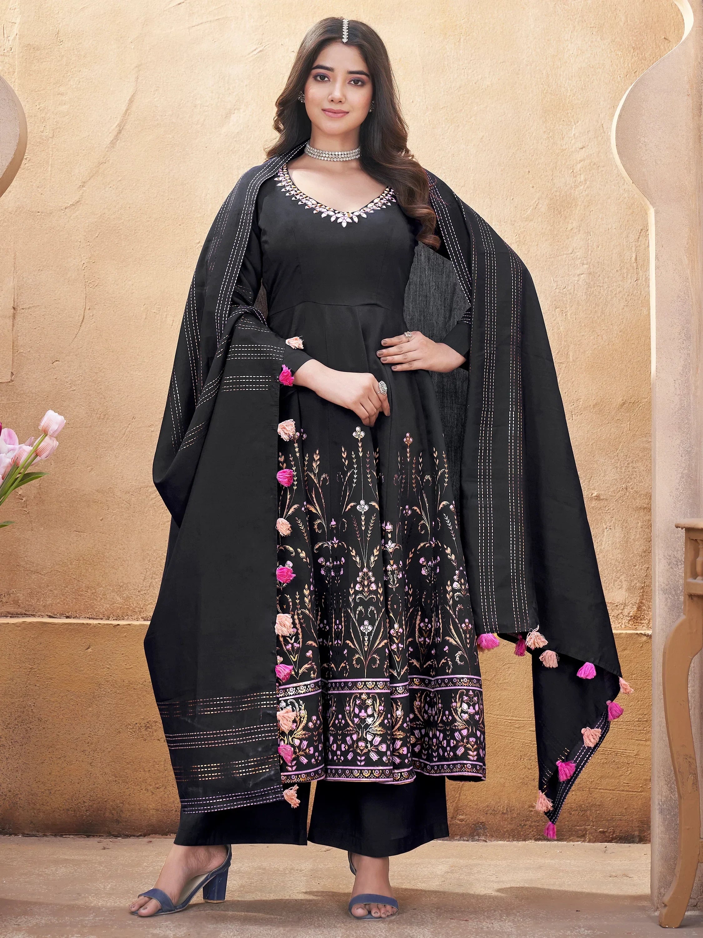 Glamorous Black Foil Printed Silk Festival Wear Anarkali Suit With Dupatta