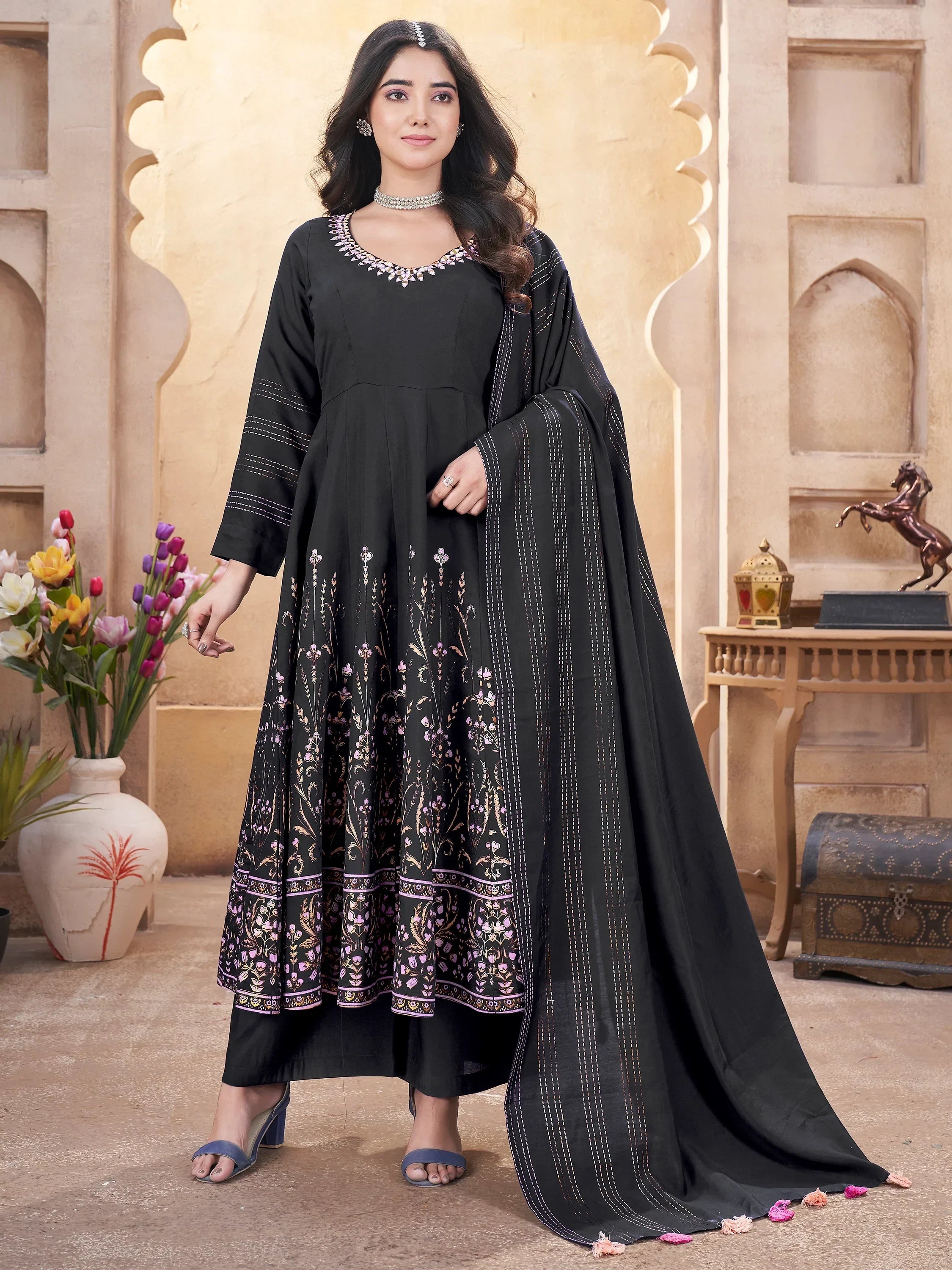Glamorous Black Foil Printed Silk Festival Wear Anarkali Suit With Dupatta