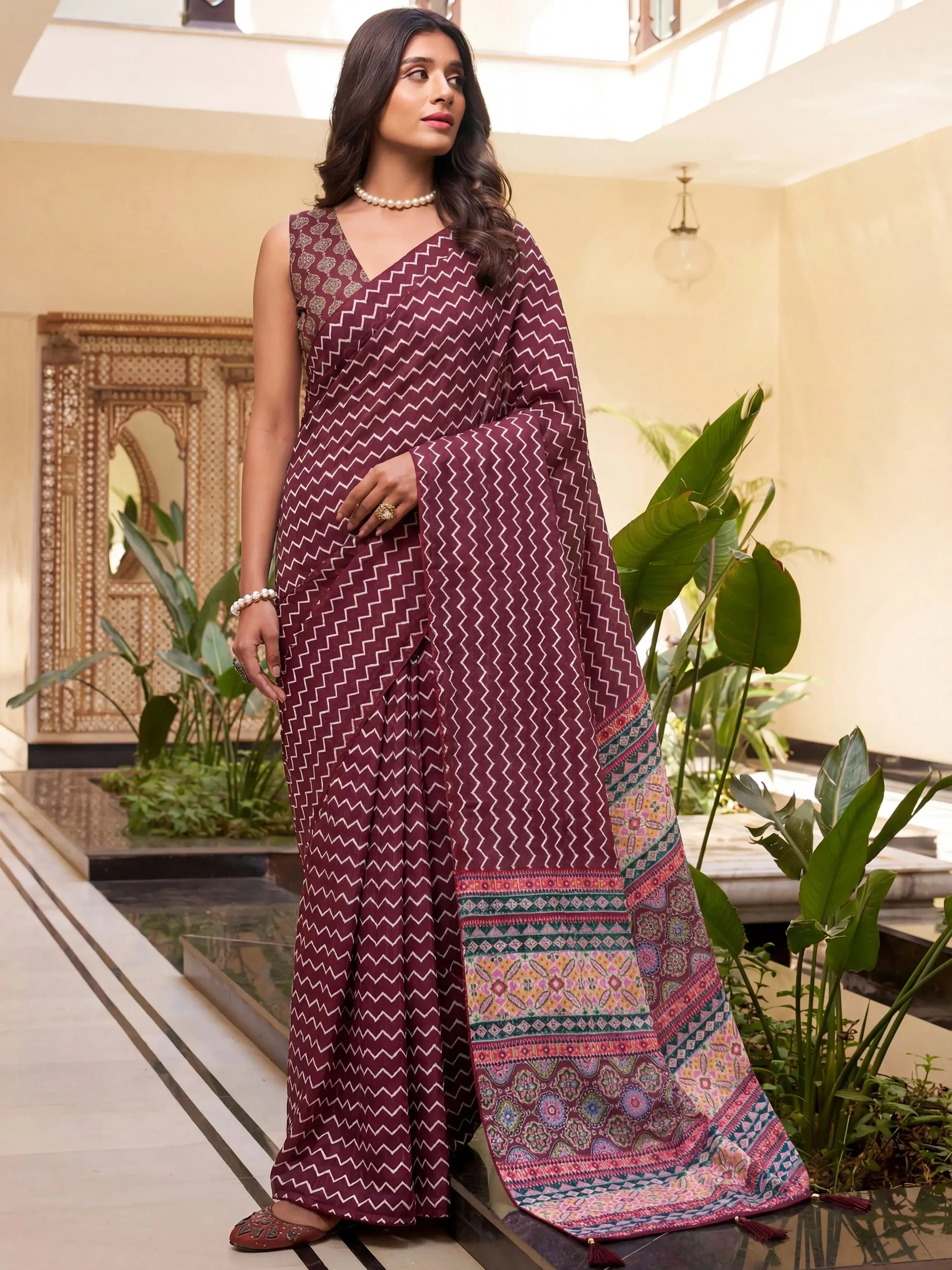 Attractive Maroon Digital Printed Crepe Office Wear Saree With Blouse 